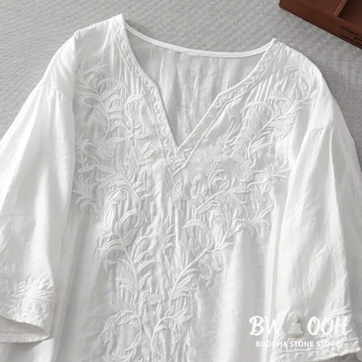 Buddha Stones Summer White Pure Color Embroidery Leaf Flower V-Neck Short Sleeve Midi Dress With Pockets - Midi Dress