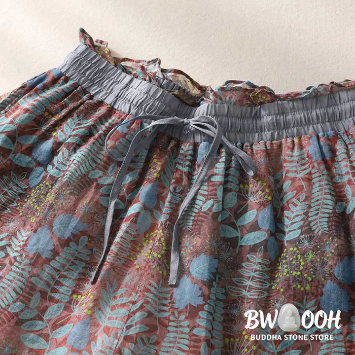 Buddha Stones Summer Women’s Blue Leaves Plants Pants With Pockets - Women’s Pants