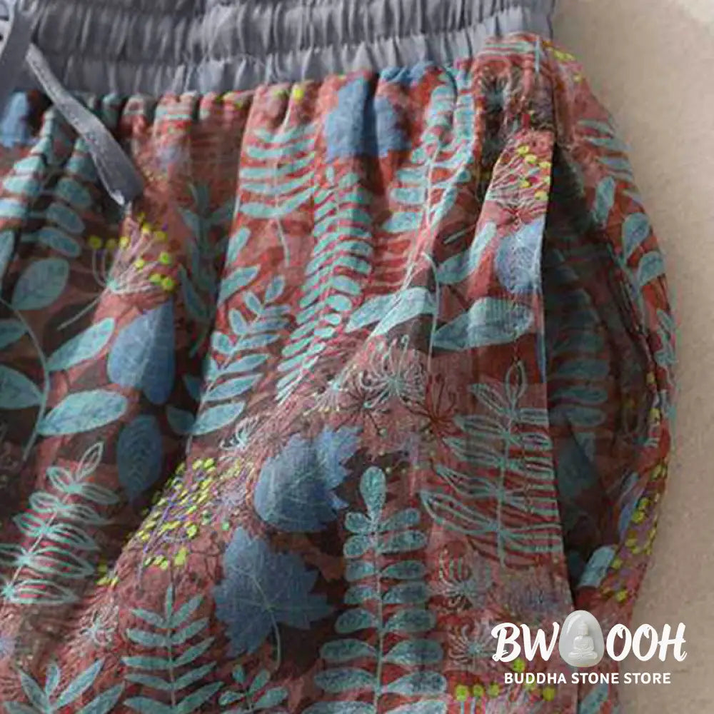Buddha Stones Summer Women’s Blue Leaves Plants Pants With Pockets - Women’s Pants
