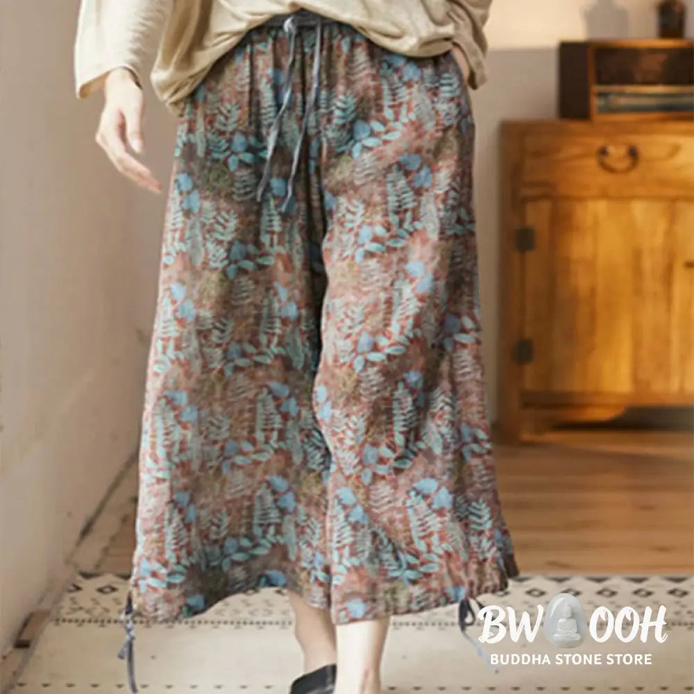 Buddha Stones Summer Women’s Blue Leaves Plants Pants With Pockets - Women’s Pants