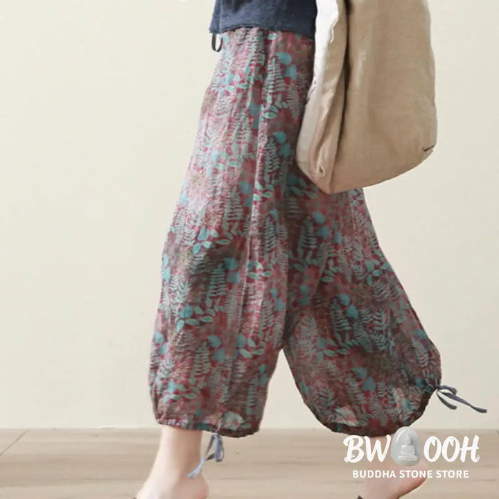 Buddha Stones Summer Women’s Blue Leaves Plants Pants With Pockets - Women’s Pants