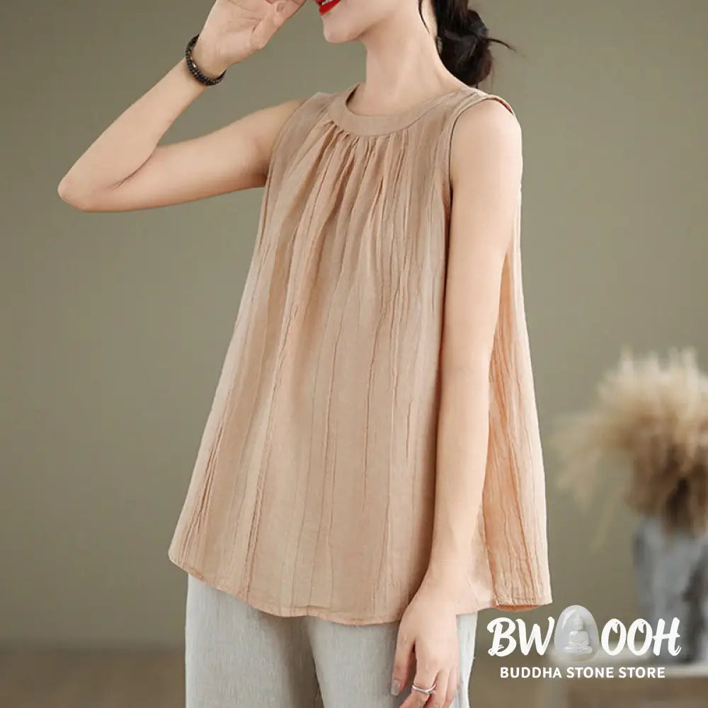 Buddha Stones Summer Wrinkles Simple Design Crew Neck Cotton Linen Women’s Sleeveless Vest Waistcoat - Women’s Vest