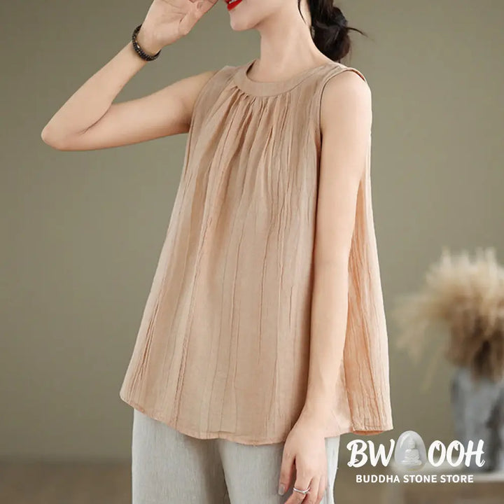 Buddha Stones Summer Wrinkles Simple Design Crew Neck Cotton Linen Women’s Sleeveless Vest Waistcoat - Women’s Vest