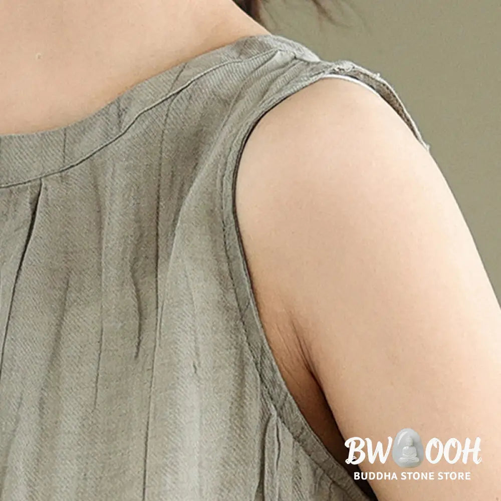 Buddha Stones Summer Wrinkles Simple Design Crew Neck Cotton Linen Women’s Sleeveless Vest Waistcoat - Women’s Vest