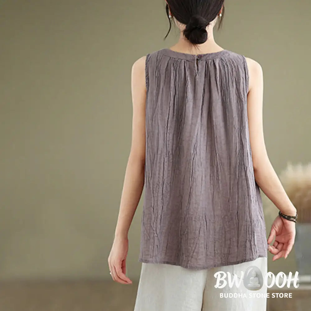 Buddha Stones Summer Wrinkles Simple Design Crew Neck Cotton Linen Women’s Sleeveless Vest Waistcoat - Women’s Vest