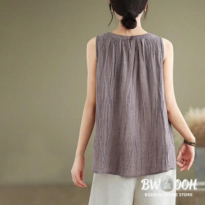 Buddha Stones Summer Wrinkles Simple Design Crew Neck Cotton Linen Women’s Sleeveless Vest Waistcoat - Women’s Vest