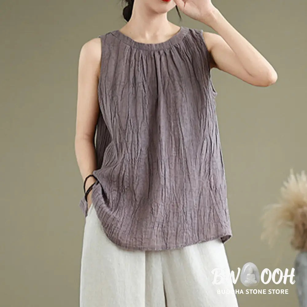 Buddha Stones Summer Wrinkles Simple Design Crew Neck Cotton Linen Women’s Sleeveless Vest Waistcoat - Women’s Vest