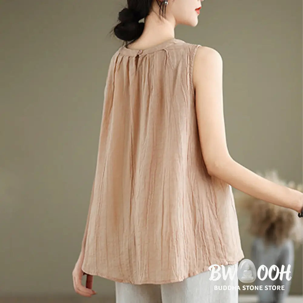 Buddha Stones Summer Wrinkles Simple Design Crew Neck Cotton Linen Women’s Sleeveless Vest Waistcoat - Women’s Vest