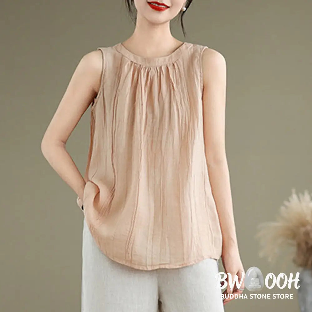 Buddha Stones Summer Wrinkles Simple Design Crew Neck Cotton Linen Women’s Sleeveless Vest Waistcoat - Women’s Vest