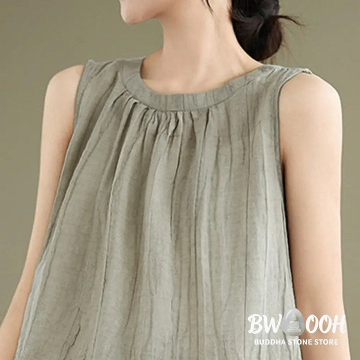 Buddha Stones Summer Wrinkles Simple Design Crew Neck Cotton Linen Women’s Sleeveless Vest Waistcoat - Women’s Vest