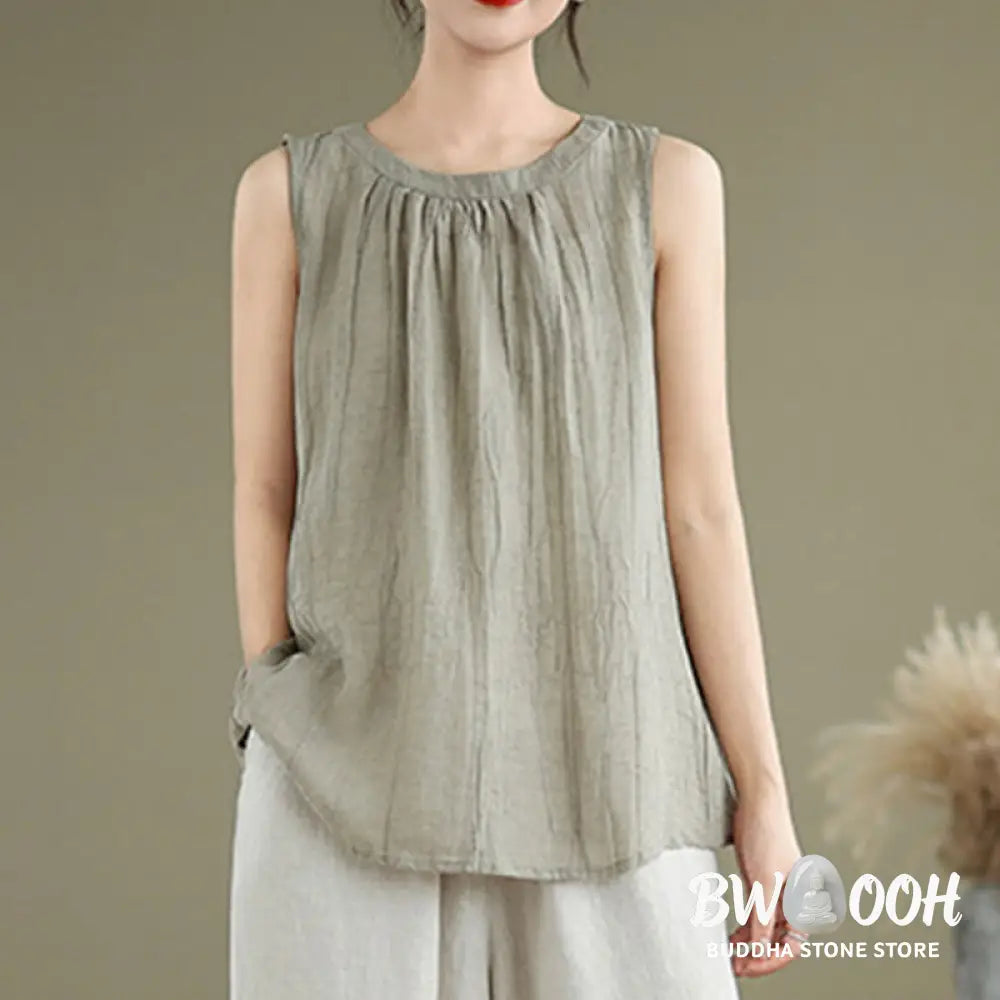 Buddha Stones Summer Wrinkles Simple Design Crew Neck Cotton Linen Women’s Sleeveless Vest Waistcoat - Women’s Vest