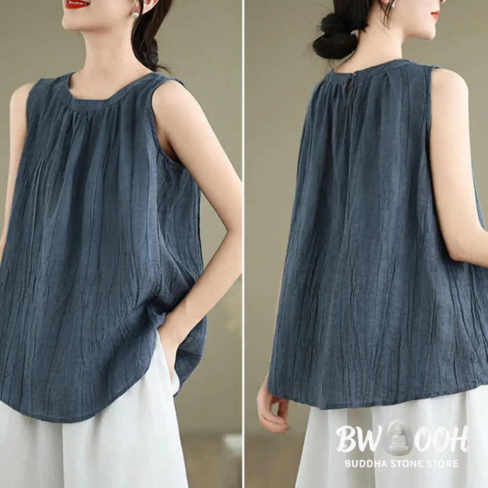 Buddha Stones Summer Wrinkles Simple Design Crew Neck Cotton Linen Women’s Sleeveless Vest Waistcoat - Women’s Vest