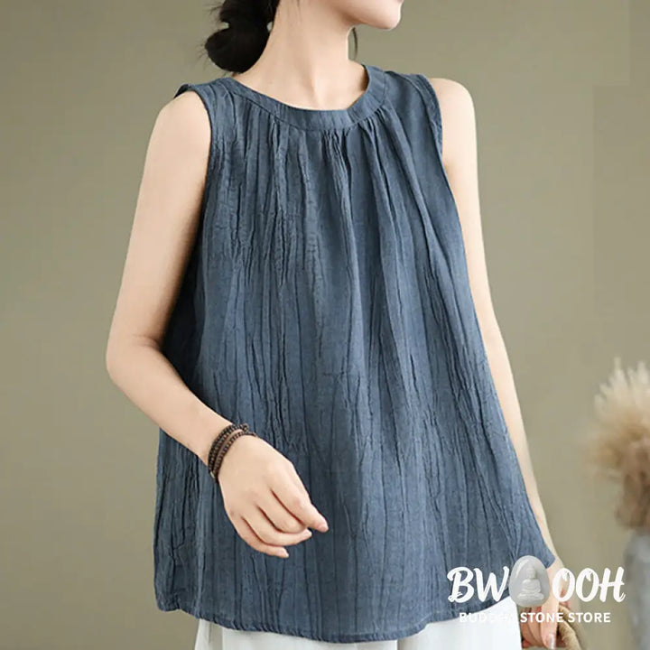Buddha Stones Summer Wrinkles Simple Design Crew Neck Cotton Linen Women’s Sleeveless Vest Waistcoat - Women’s Vest