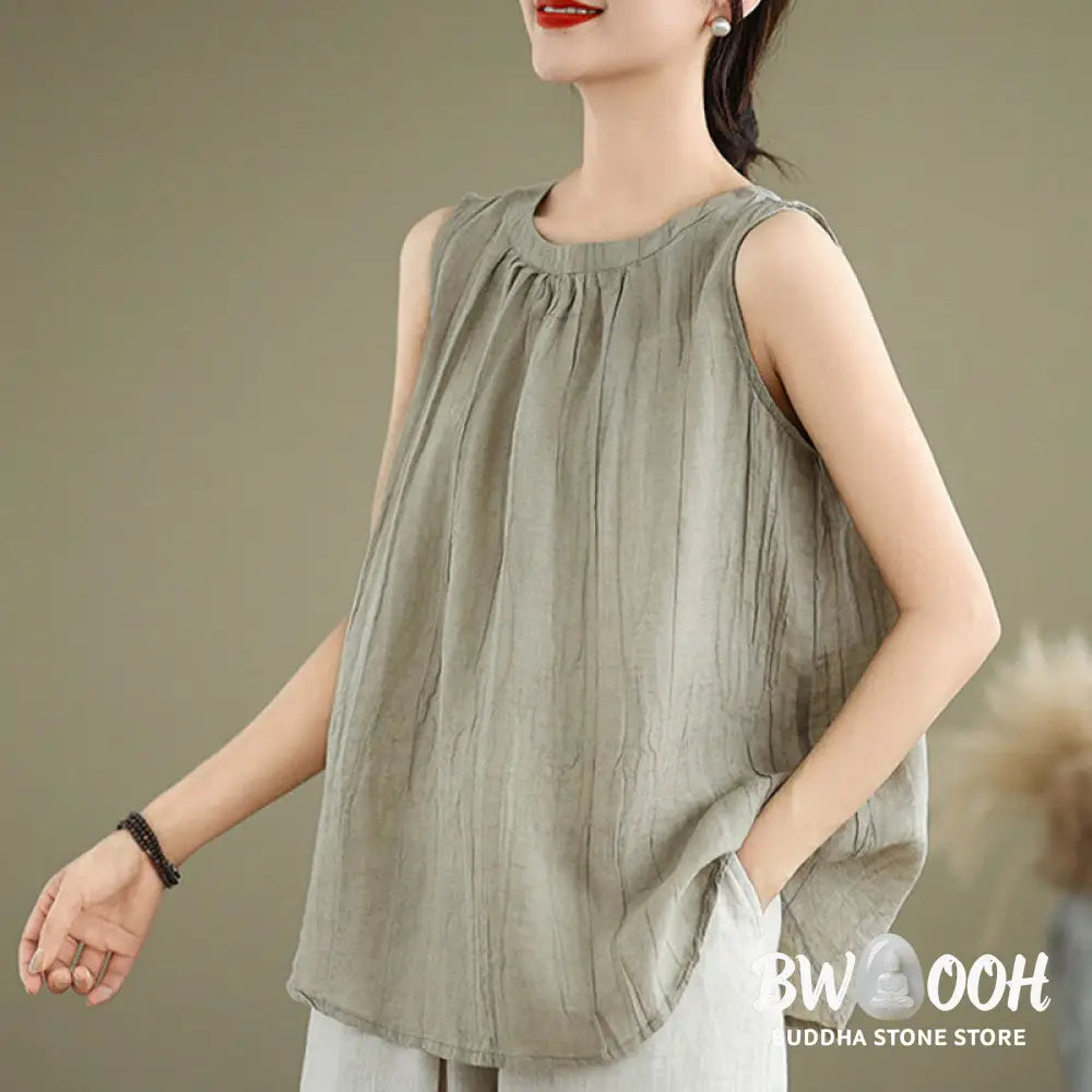 Buddha Stones Summer Wrinkles Simple Design Crew Neck Cotton Linen Women’s Sleeveless Vest Waistcoat - Women’s Vest