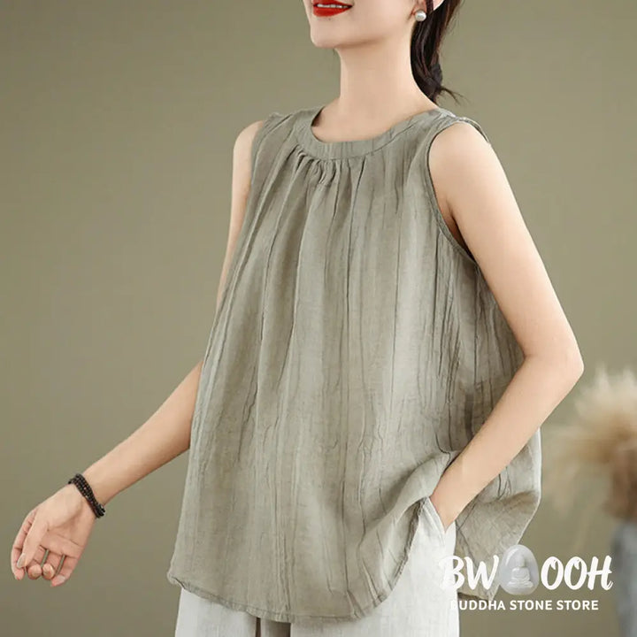 Buddha Stones Summer Wrinkles Simple Design Crew Neck Cotton Linen Women’s Sleeveless Vest Waistcoat - Women’s Vest