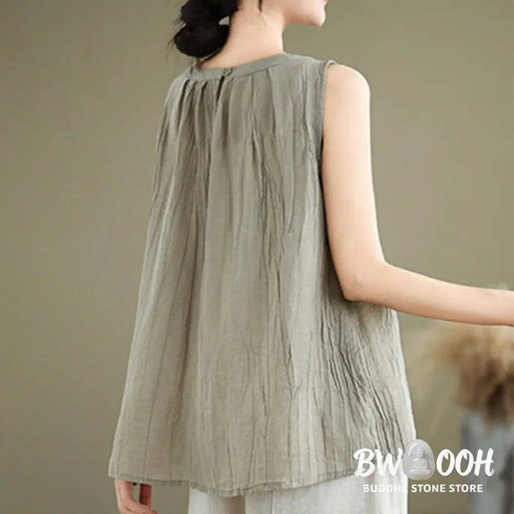 Buddha Stones Summer Wrinkles Simple Design Crew Neck Cotton Linen Women’s Sleeveless Vest Waistcoat - Women’s Vest