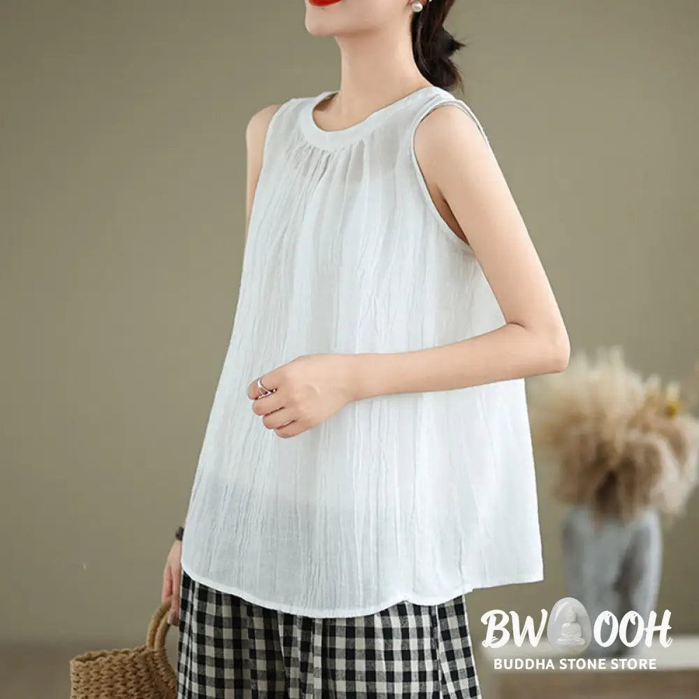 Buddha Stones Summer Wrinkles Simple Design Crew Neck Cotton Linen Women’s Sleeveless Vest Waistcoat - Women’s Vest