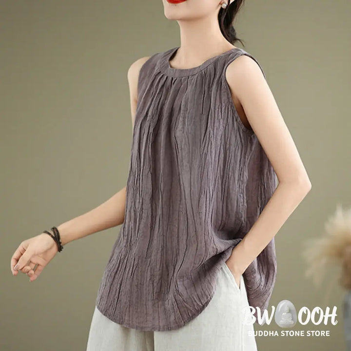 Buddha Stones Summer Wrinkles Simple Design Crew Neck Cotton Linen Women’s Sleeveless Vest Waistcoat - Women’s Vest