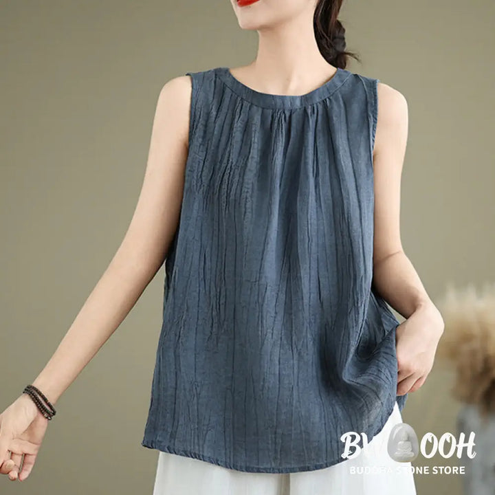 Buddha Stones Summer Wrinkles Simple Design Crew Neck Cotton Linen Women’s Sleeveless Vest Waistcoat - Women’s Vest