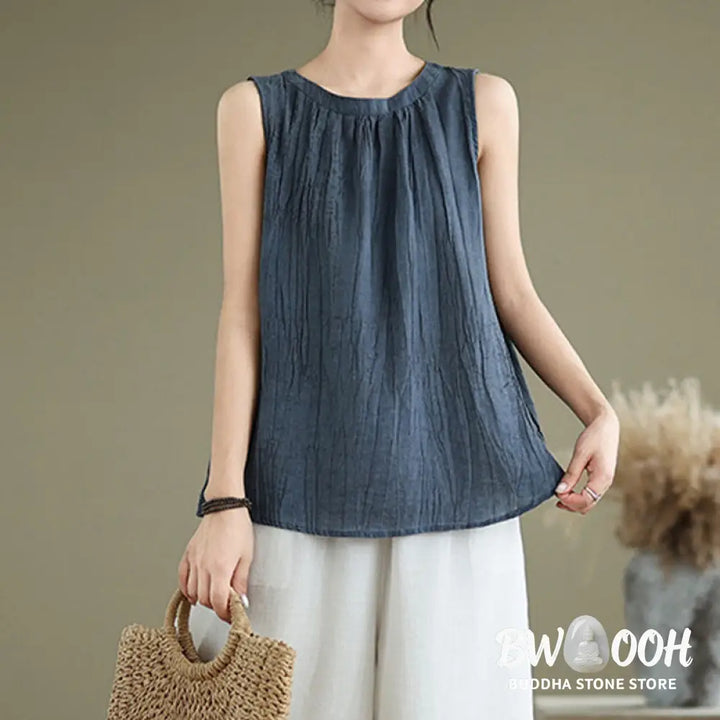 Buddha Stones Summer Wrinkles Simple Design Crew Neck Cotton Linen Women’s Sleeveless Vest Waistcoat - Women’s Vest