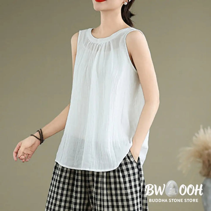 Buddha Stones Summer Wrinkles Simple Design Crew Neck Cotton Linen Women’s Sleeveless Vest Waistcoat - Women’s Vest