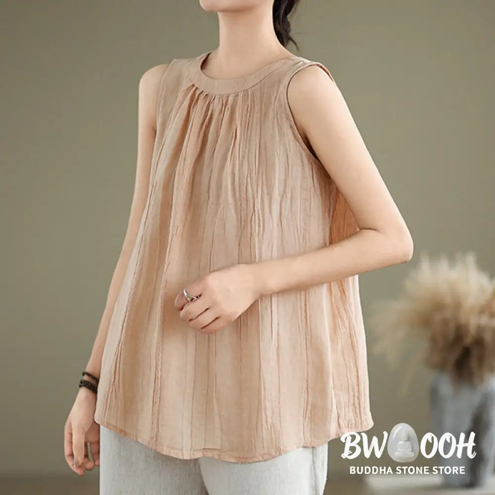 Buddha Stones Summer Wrinkles Simple Design Crew Neck Cotton Linen Women’s Sleeveless Vest Waistcoat - Women’s Vest