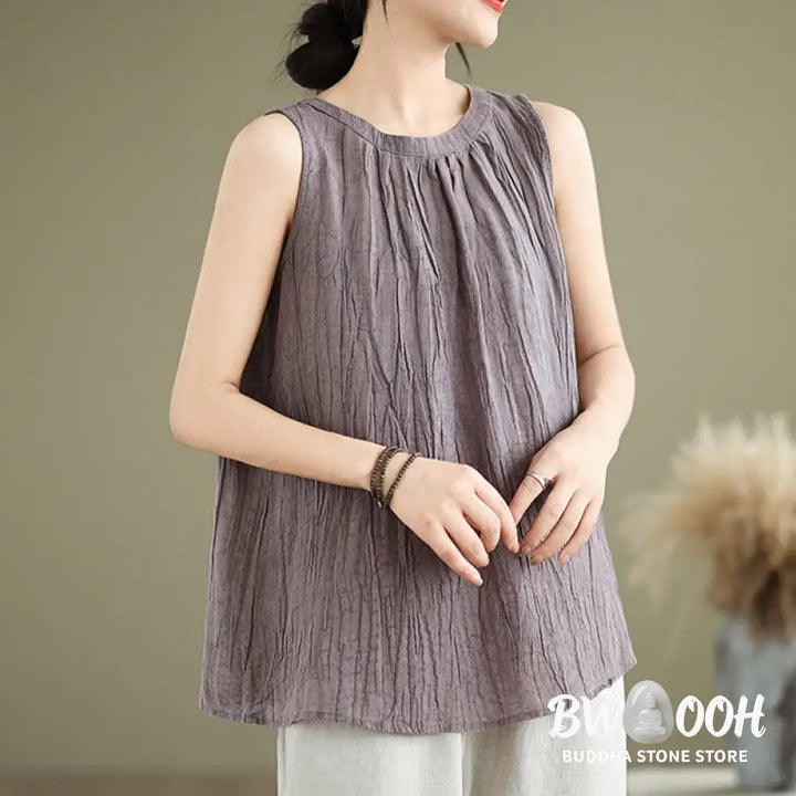 Buddha Stones Summer Wrinkles Simple Design Crew Neck Cotton Linen Women’s Sleeveless Vest Waistcoat - Women’s Vest