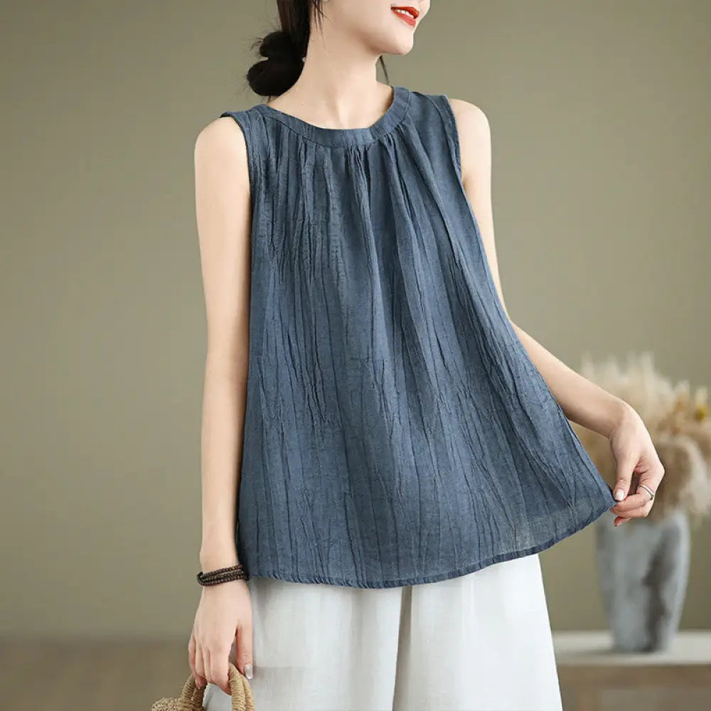 Buddha Stones Summer Wrinkles Simple Design Crew Neck Cotton Linen Women’s Sleeveless Vest Waistcoat - DarkBlue