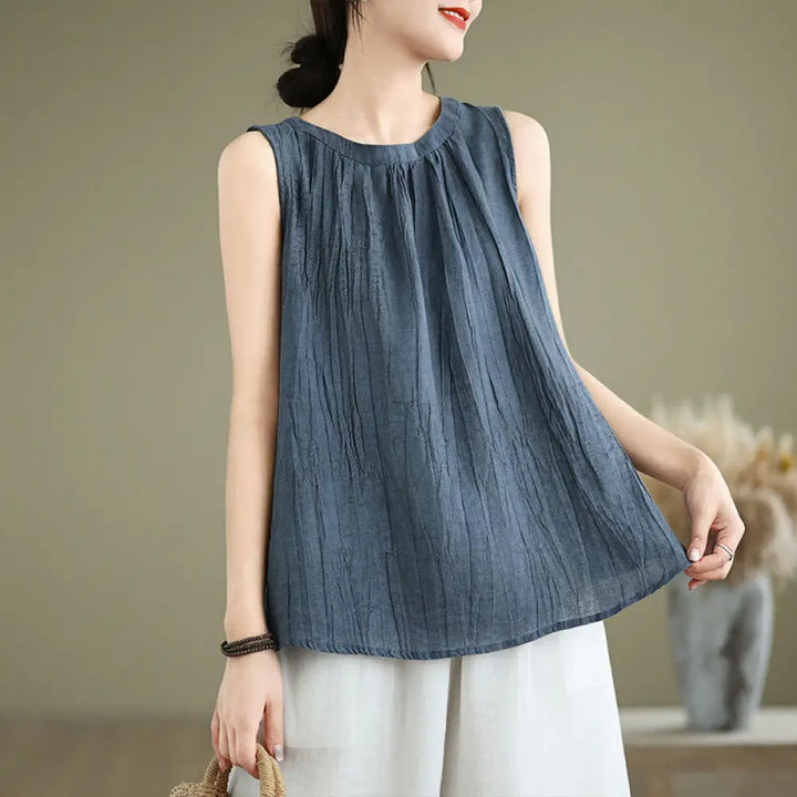 Buddha Stones Summer Wrinkles Simple Design Crew Neck Cotton Linen Women’s Sleeveless Vest Waistcoat - DarkBlue