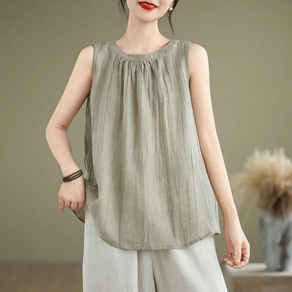 BWOOOH Summer Wrinkles Simple Design Crew Neck Cotton Lin