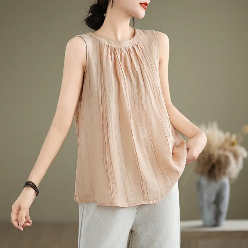 Buddha Stones Summer Wrinkles Simple Design Crew Neck Cotton Linen Women’s Sleeveless Vest Waistcoat - PeachPuff