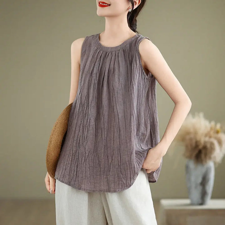 Buddha Stones Summer Wrinkles Simple Design Crew Neck Cotton Linen Women’s Sleeveless Vest Waistcoat - Plum