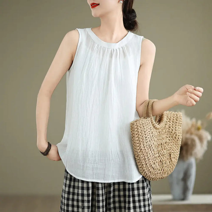Buddha Stones Summer Wrinkles Simple Design Crew Neck Cotton Linen Women’s Sleeveless Vest Waistcoat - White