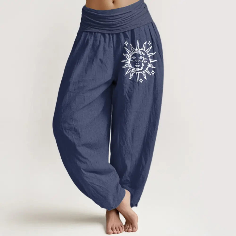 Buddha Stones Sun Moon Pattern Women’s Elastic Waist Harem Pure Cotton Pants - DarkSlateBlue / US2，UK/AU6，EU34 (XS)
