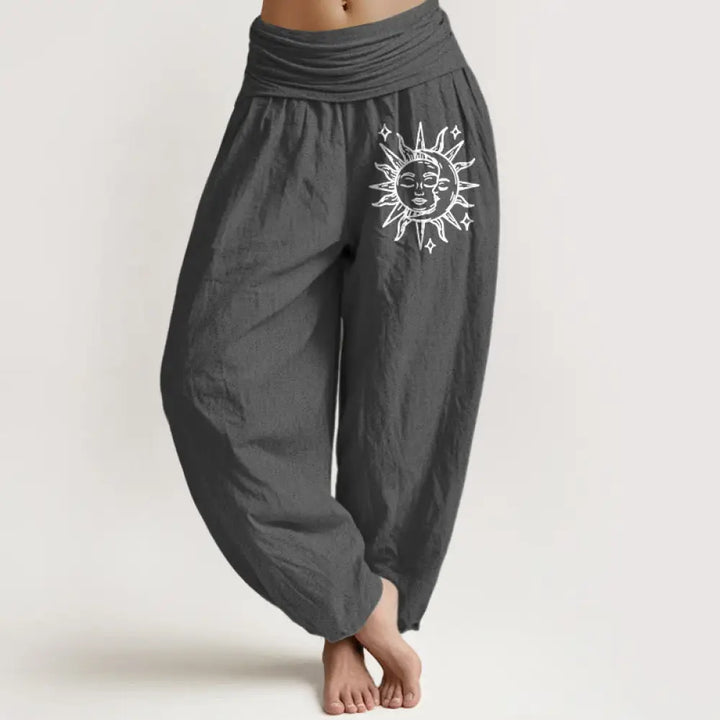 Buddha Stones Sun Moon Pattern Women’s Elastic Waist Harem Pure Cotton Pants - Gray / US2，UK/AU6，EU34 (XS) - Women’s