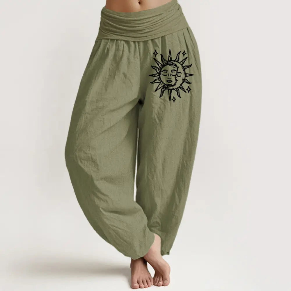 Buddha Stones Sun Moon Pattern Women’s Elastic Waist Harem Pure Cotton Pants - OliveDrab / US2，UK/AU6，EU34 (XS)