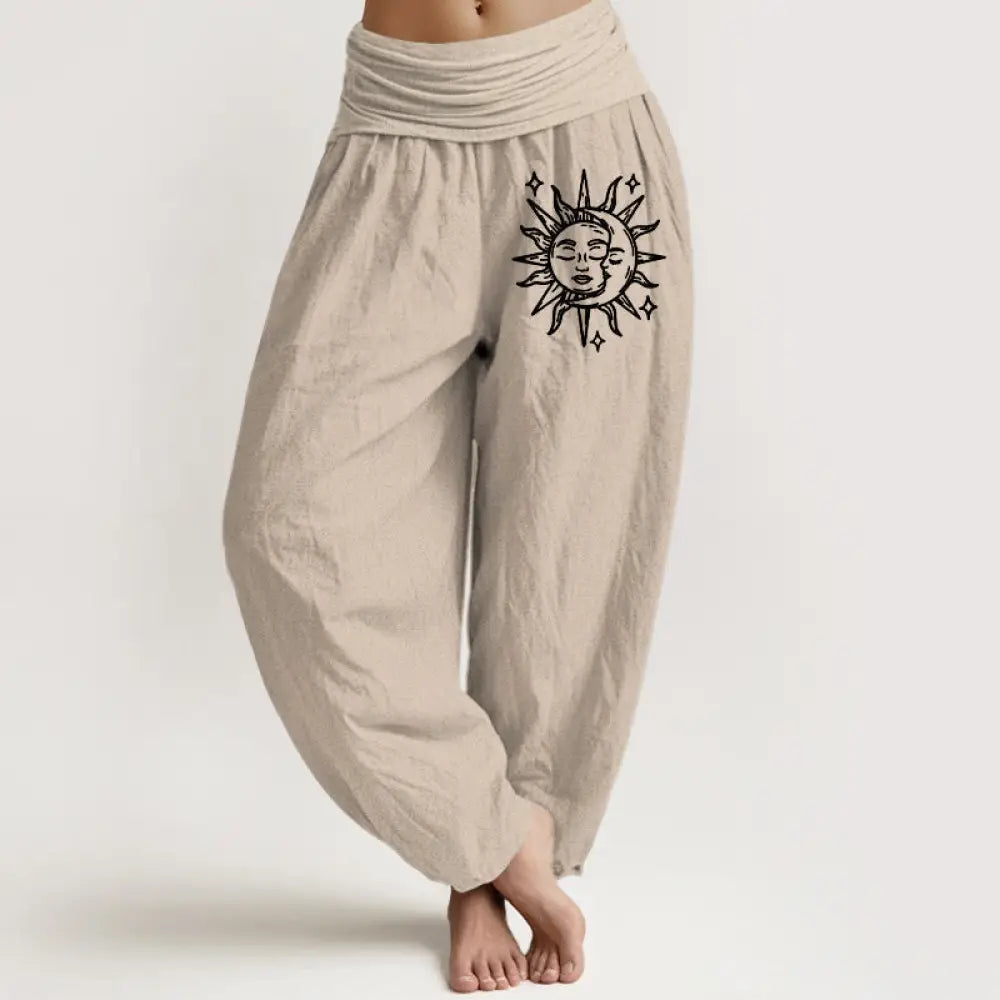 Buddha Stones Sun Moon Pattern Women’s Elastic Waist Harem Pure Cotton Pants - Tan / US2，UK/AU6，EU34 (XS) - Women’s