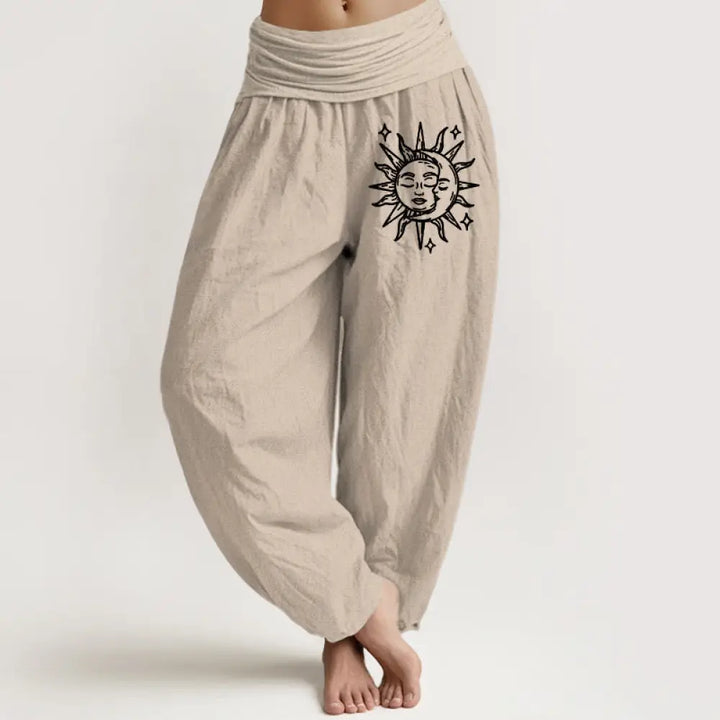 Buddha Stones Sun Moon Pattern Women’s Elastic Waist Harem Pure Cotton Pants - Tan / US2，UK/AU6，EU34 (XS) - Women’s