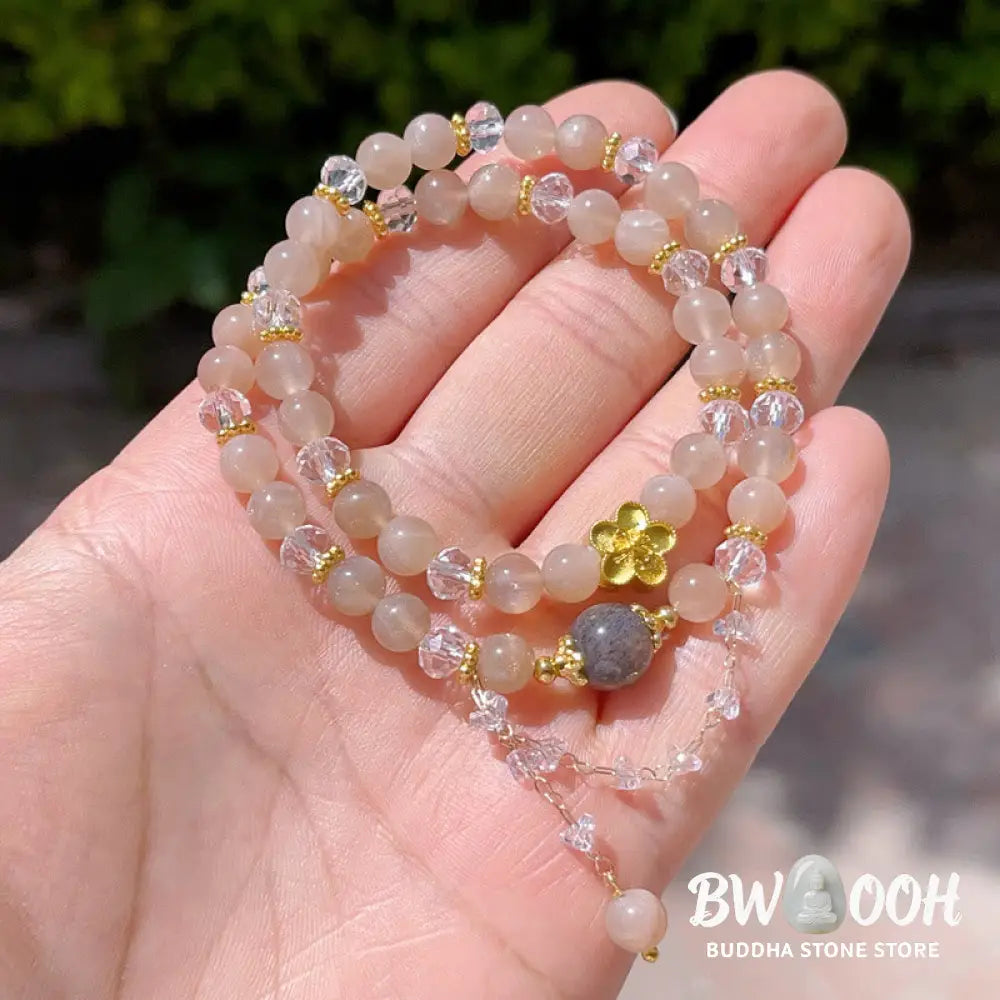 Buddha Stones Sun Stone Crystal Peach Blossom Wealth Double Wrap Bracelet - BWOOOH - Sun Stone(Wrist Circumference: