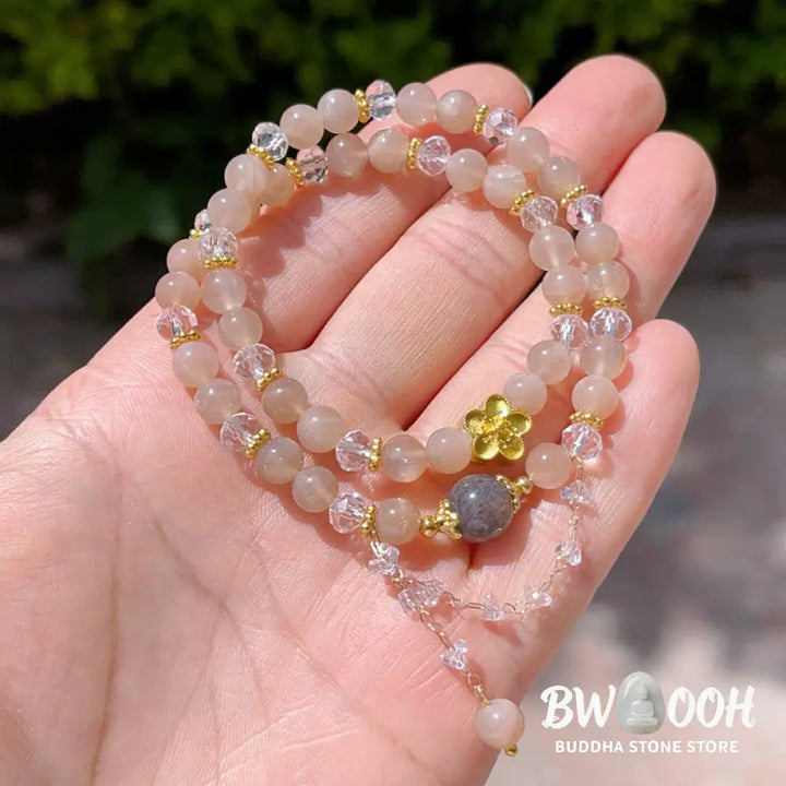 Buddha Stones Sun Stone Crystal Peach Blossom Wealth Double Wrap Bracelet - BWOOOH - Sun Stone(Wrist Circumference:
