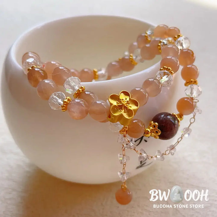 Buddha Stones Sun Stone Crystal Peach Blossom Wealth Double Wrap Bracelet - BWOOOH - Sun Stone(Wrist Circumference: