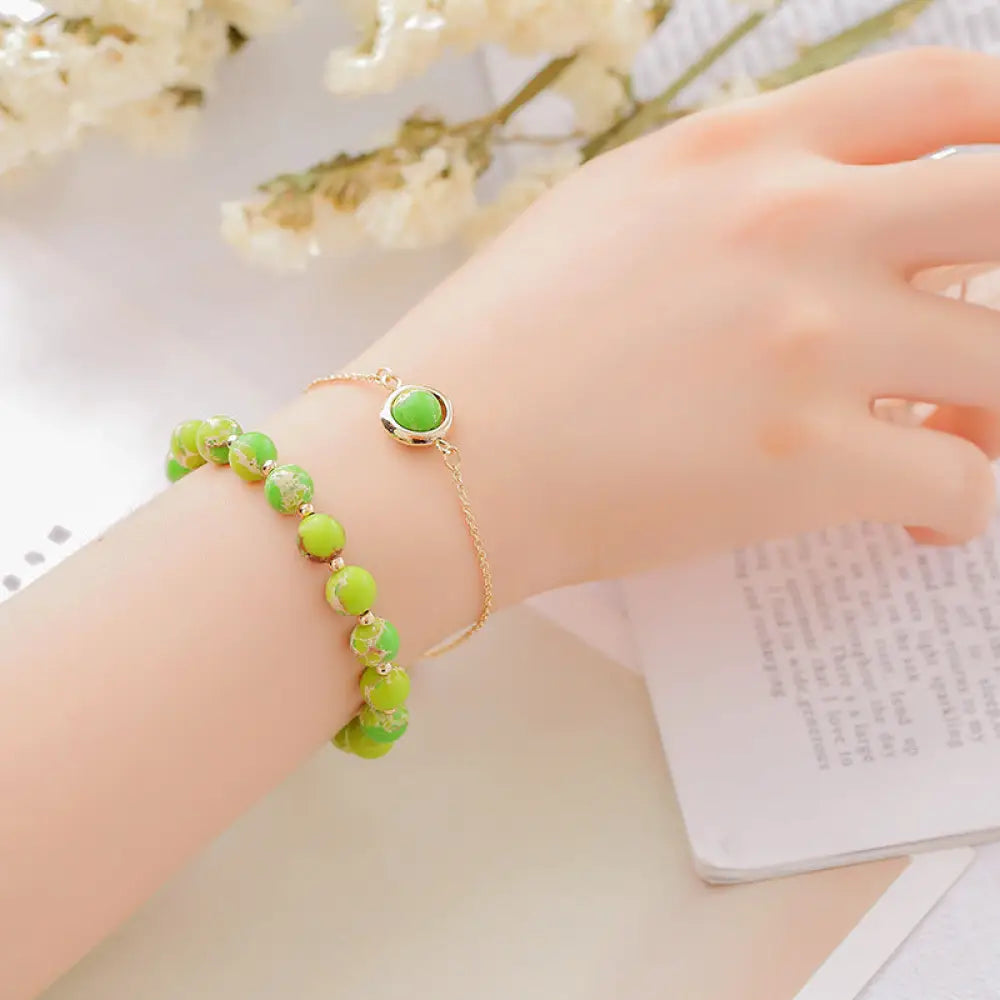 Buddha Stones Sun Stone Strawberry Quartz Crystal Positive Bracelet - BWOOOH - Green Emperor Stone - Bracelet