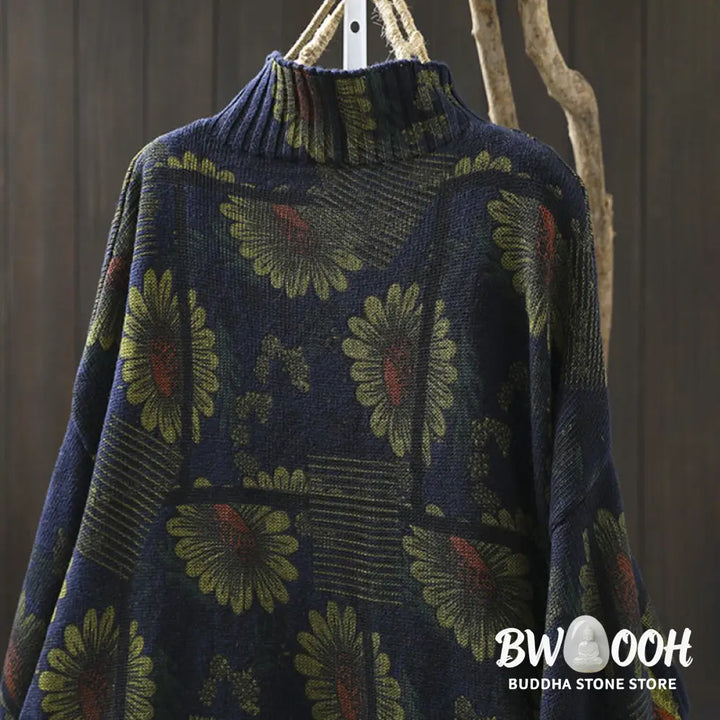 Buddha Stones Sunflower Pattern Mock Neck Long Sleeve Women’s Cotton Sweater - Women’s Sweater