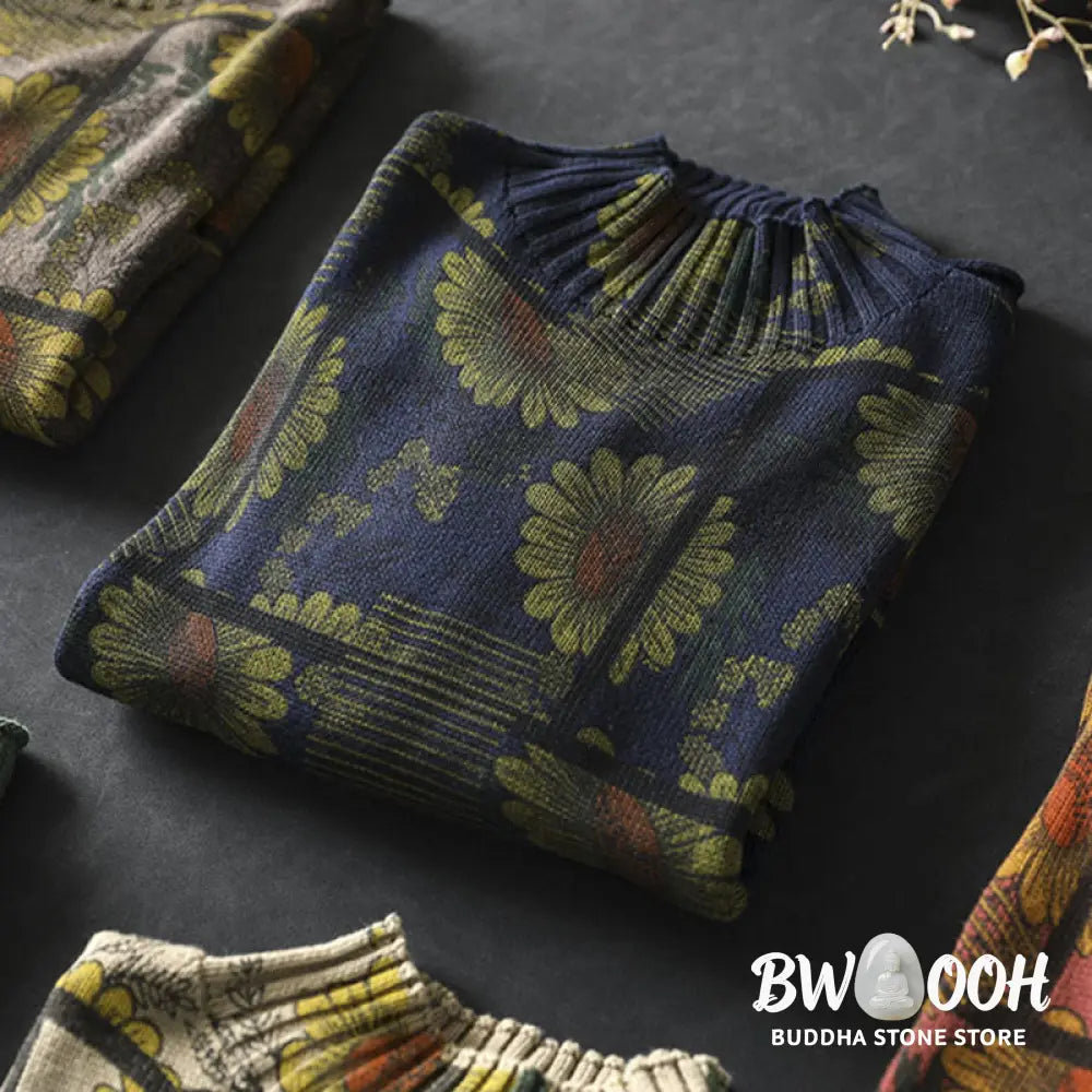 Buddha Stones Sunflower Pattern Mock Neck Long Sleeve Women’s Cotton Sweater - Women’s Sweater