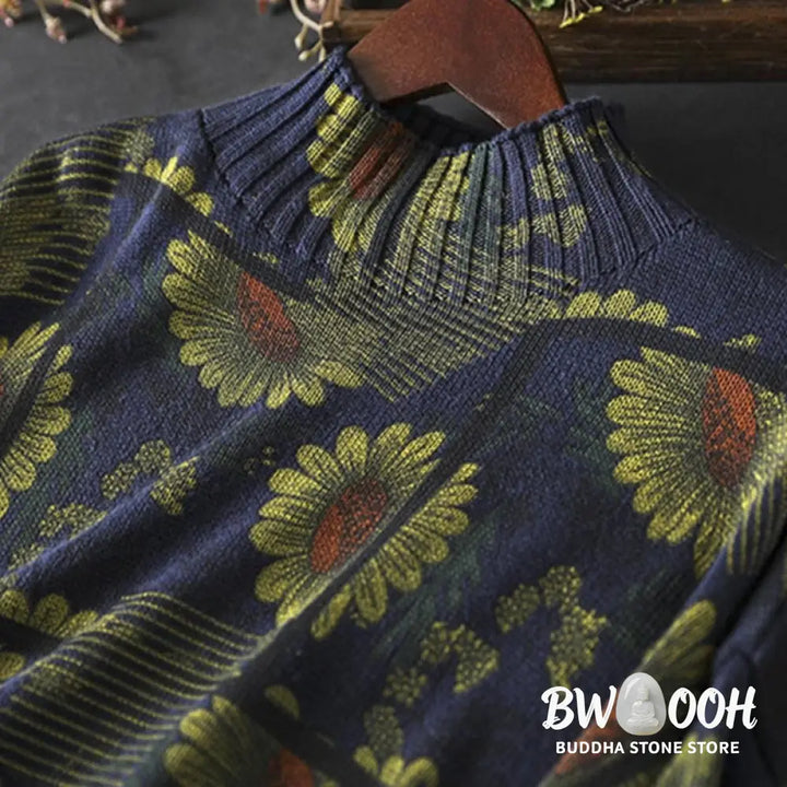 Buddha Stones Sunflower Pattern Mock Neck Long Sleeve Women’s Cotton Sweater - Women’s Sweater