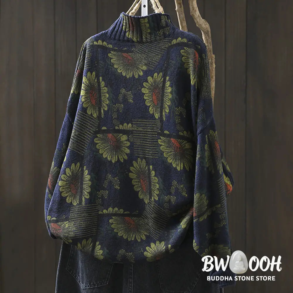 Buddha Stones Sunflower Pattern Mock Neck Long Sleeve Women’s Cotton Sweater - Women’s Sweater