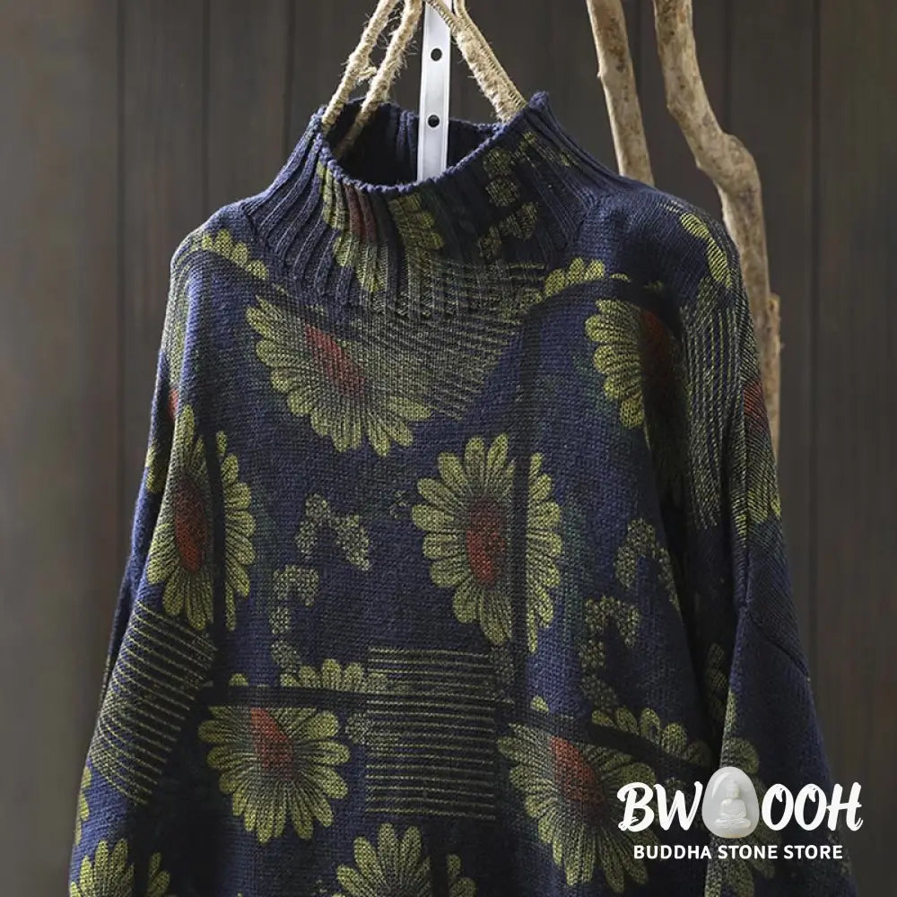 Buddha Stones Sunflower Pattern Mock Neck Long Sleeve Women’s Cotton Sweater - Women’s Sweater