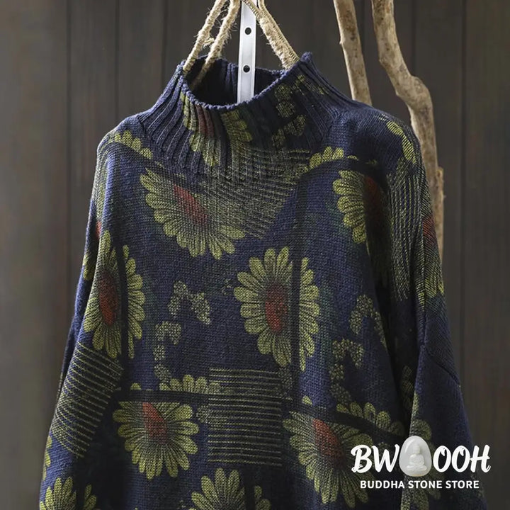 Buddha Stones Sunflower Pattern Mock Neck Long Sleeve Women’s Cotton Sweater - Women’s Sweater