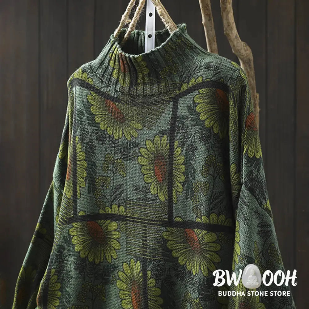 Buddha Stones Sunflower Pattern Mock Neck Long Sleeve Women’s Cotton Sweater - Women’s Sweater