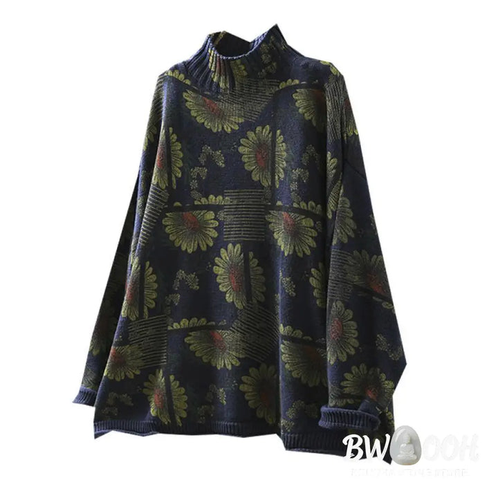Buddha Stones Sunflower Pattern Mock Neck Long Sleeve Women’s Cotton Sweater - Women’s Sweater